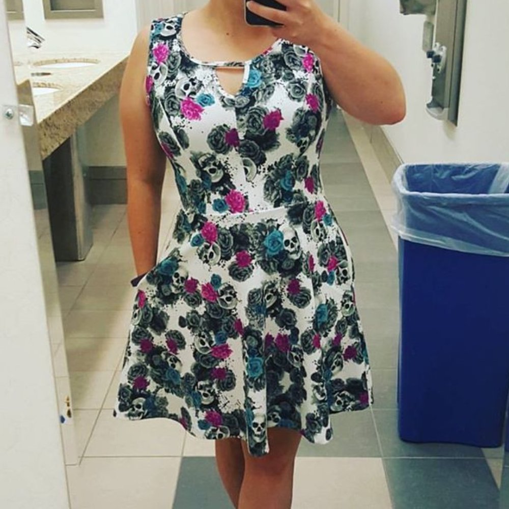 Hot Topic Skull & Roses Watercolor Skater Dress